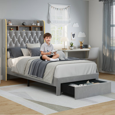 Aurora Bed Frame with Drawers and Storage Headboard, Galaxy Star Projector Upholstered Bedfram