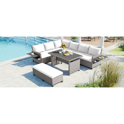 Ensemble de canapé de patio extérieur en rotin 5 pièces, ensemble de meubles de jardin en forme de L en osier modulaire avec 2 tables d'appoint extensibles, table de salle à manger et housses lavables pour la cour, la piscine