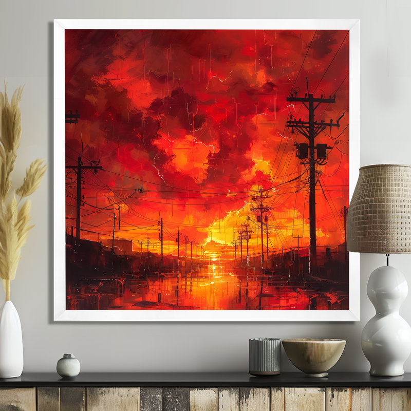 Rouge, jaune, tension, lignes électriques I - Power Lines Wall Art, Cadre simple blanc, H 36 po x l 36 po x P 1,5 po