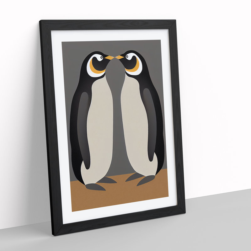 Two Penguins - Single Picture Frame Painting, 34cm H x 25cm W x 2cm D, Black