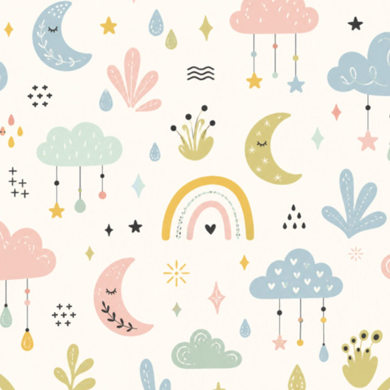 Papier peint adhésif sans raccord, motif étoiles, lune, nuages ​​et arc-en-ciel, idéal pour les enfants. Décoration murale amovible et autocollante pour chambre, cuisine et placards (45 cm x 300 cm).