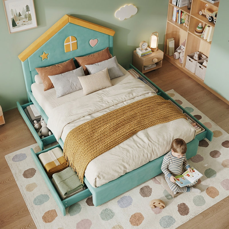 Drawers House Bed, 140x200 cm, Blue&Green