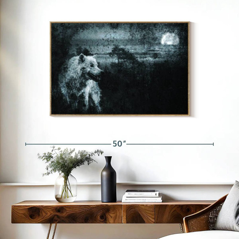 Loup solitaire blanc, Cadre flottant en bois naturel, 37 po x 25 po