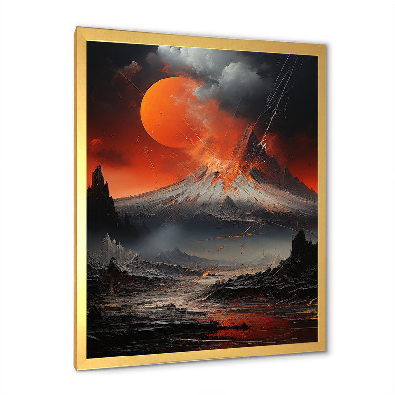 «Volcano Volcanic Explosion Moonlight», reproduction sur toile, Cadre doré simple, H 32 po x l 16 po x P 1 po
