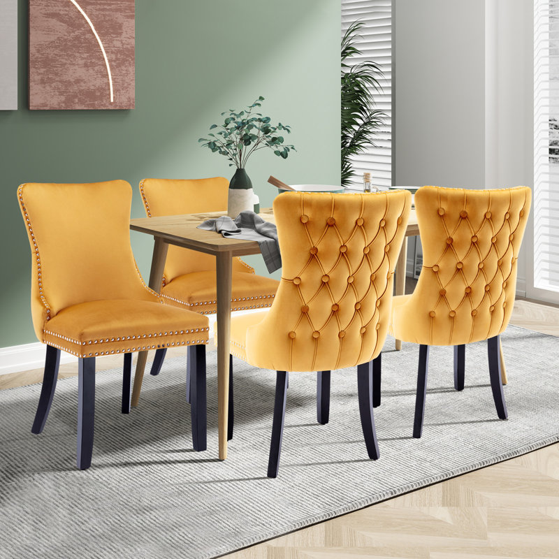 Nailhead Tufted Velvet Dining Chairs, Yellow