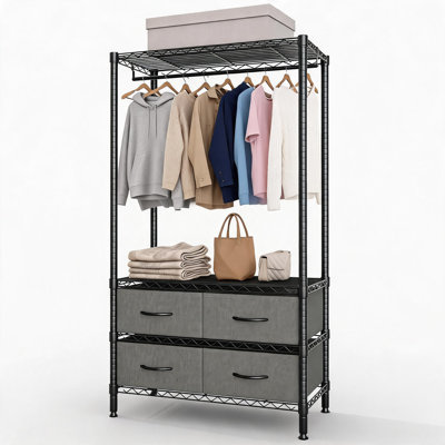 Portemanteau 71,5 po avec 4 tiroirs en tissu, tablettes réglables et tringle, autoportant