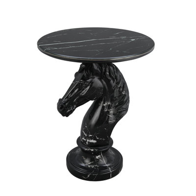 Black Resin Horse Head Side Table Luxury Animal Sculpture Accent Table With Faux Marble Top