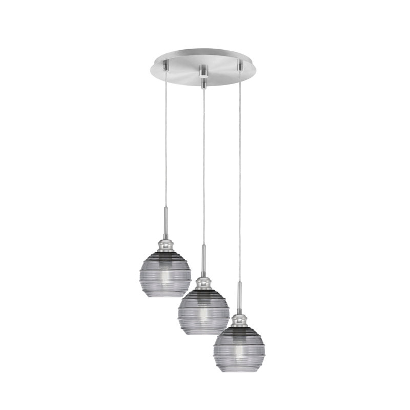 Luminaire suspendu grappe 3 lumières Edge, Nickel brossé, Fumée nervurée