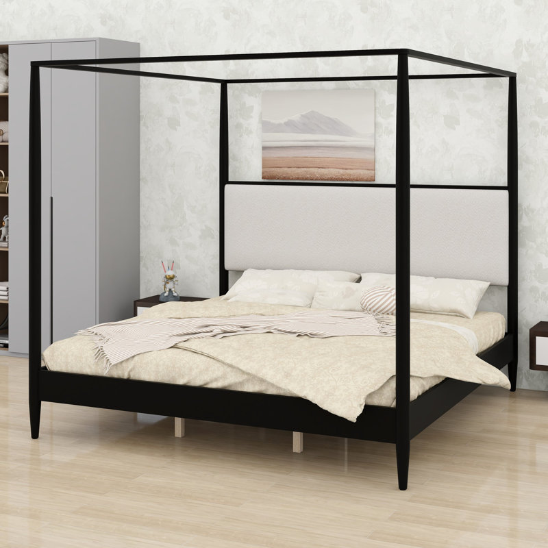 Cadre de lit à baldaquin avec tête de lit moelleuse et structure renforcée pour un style moderne, King, Noir