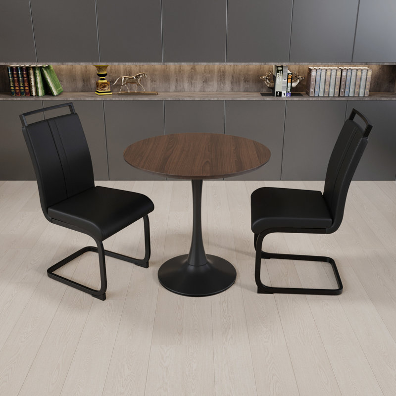 Petite table de salle à manger ronde en noyer tulipe pour 2, table de 31,5 pouces avec 2 chaises en cuir noir à pieds en métal, installation rapide et facile 4, base rembourrée esthétique contemporaine