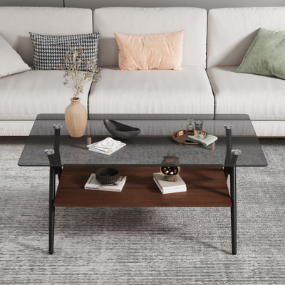 Table basse rectangulaire avec plateau en verre trempé et tablette en bois aggloméré brun, table moderne pour le salon, verre gris