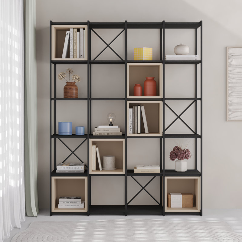 Vale Modern Metal Frame Multi-Purpose Bookshelf & Storage Unit, Black/Sandstone