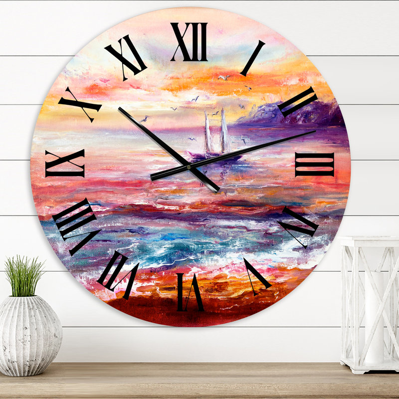 Bateau sur l'océan au coucher du soleil - horloge murale nautique et côtière, Petit