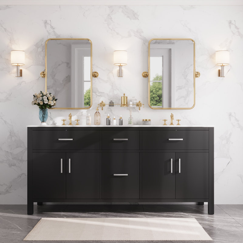72" Black Double Freestanding Bathroom Vanity with Marble Top
