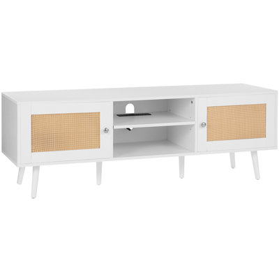 Meuble télé en rotin pour téléviseur de 65 pouces, centre multimédia avec prises et ports USB intégrés, meuble télé bohème avec porte en rotin, console télé moderne pour salon ou salle multimédia, blanc