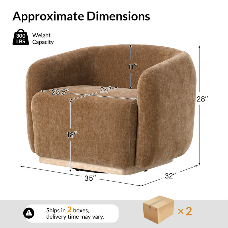 Berklie 35"W Modern Boucle Chenille Swivel Armchair with Solid Wood Base, Caramel