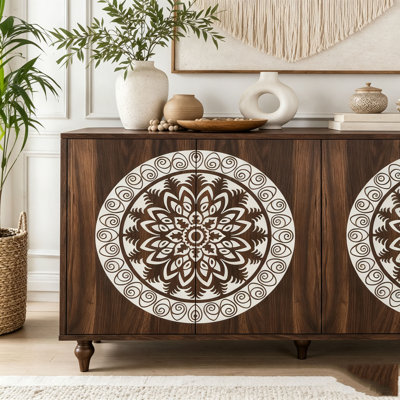 Mandala Carved Sideboard with Boho Floral Design