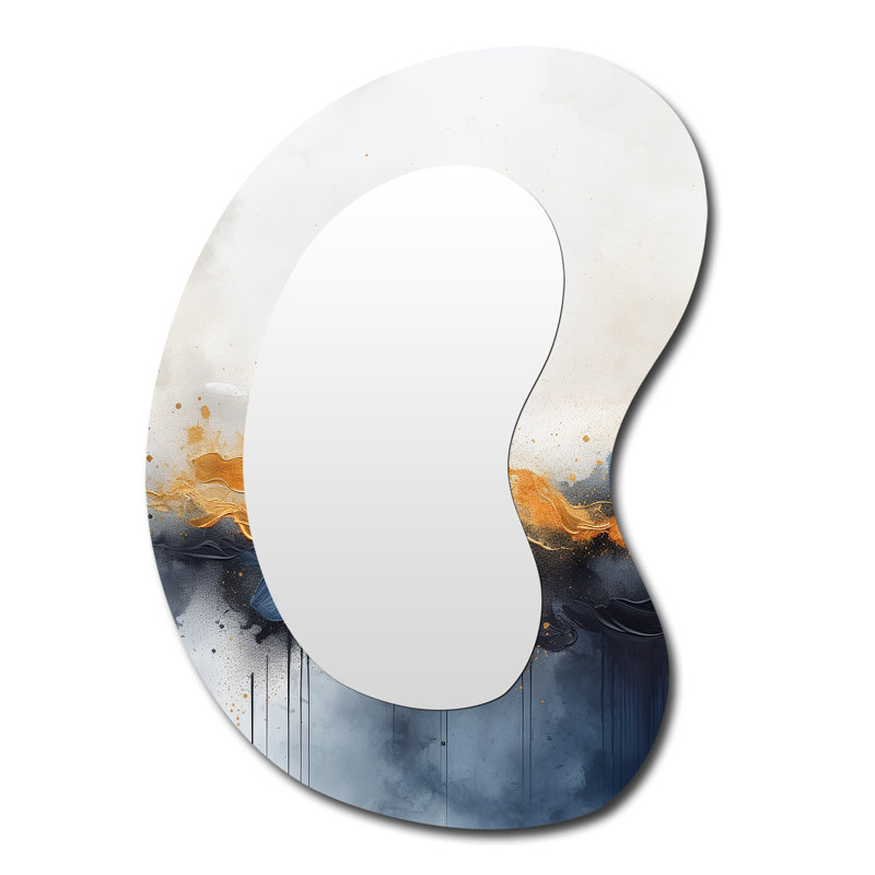 Enzly Blue and yellow fluid harmony abstract painting I - Abstract Painting Asymmetrical Large Wall Mirror, Blue Unique Shape Decorative Mirror, Printed Metal Art