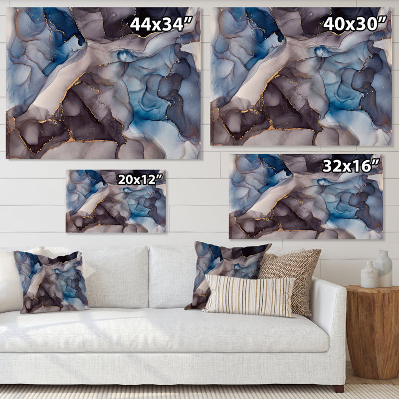 Fluide abstrait gris et bleu - Peinture sur toile, Toile tendue, H 24 po x l 32 po x P 1 po