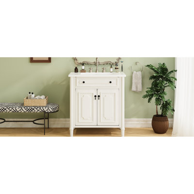Meuble-lavabo 31 po avec profil incurvé, lavabo et pieds en bois d'hévéa 31 po pour charnières rectangulaires en céramique à fermeture en douceur