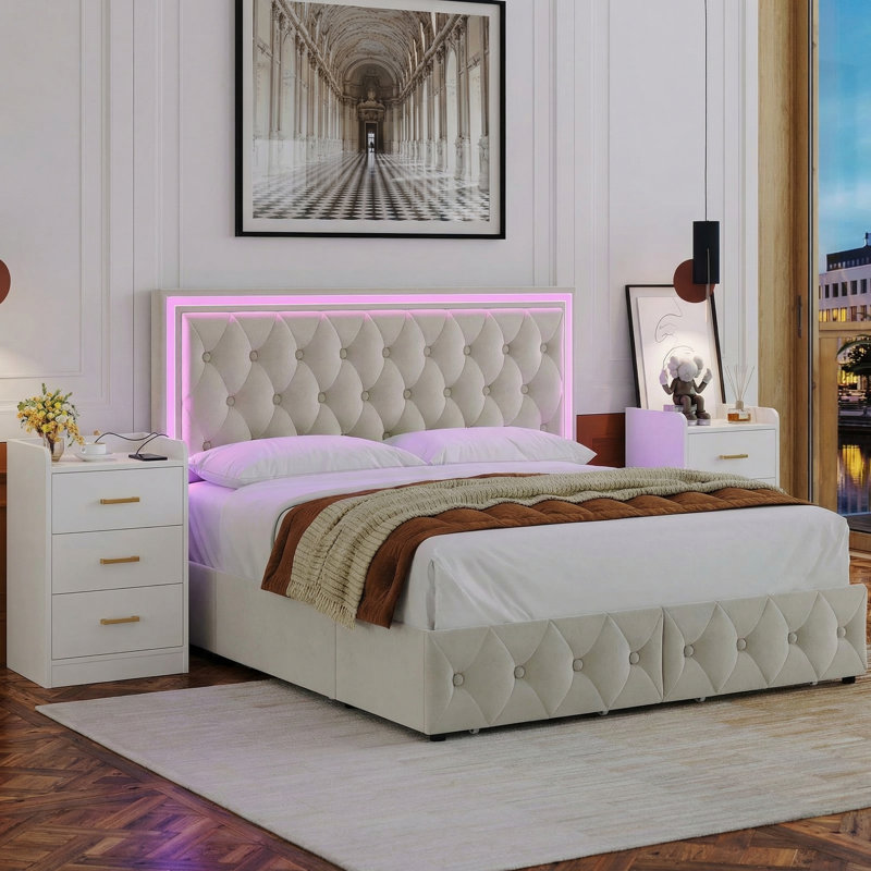 2-Piece Bedroom Sets, Storage Platform Bed with Chest, LED Light Upholstered Bed with 4 Drawers + 4-Drawer Chest,