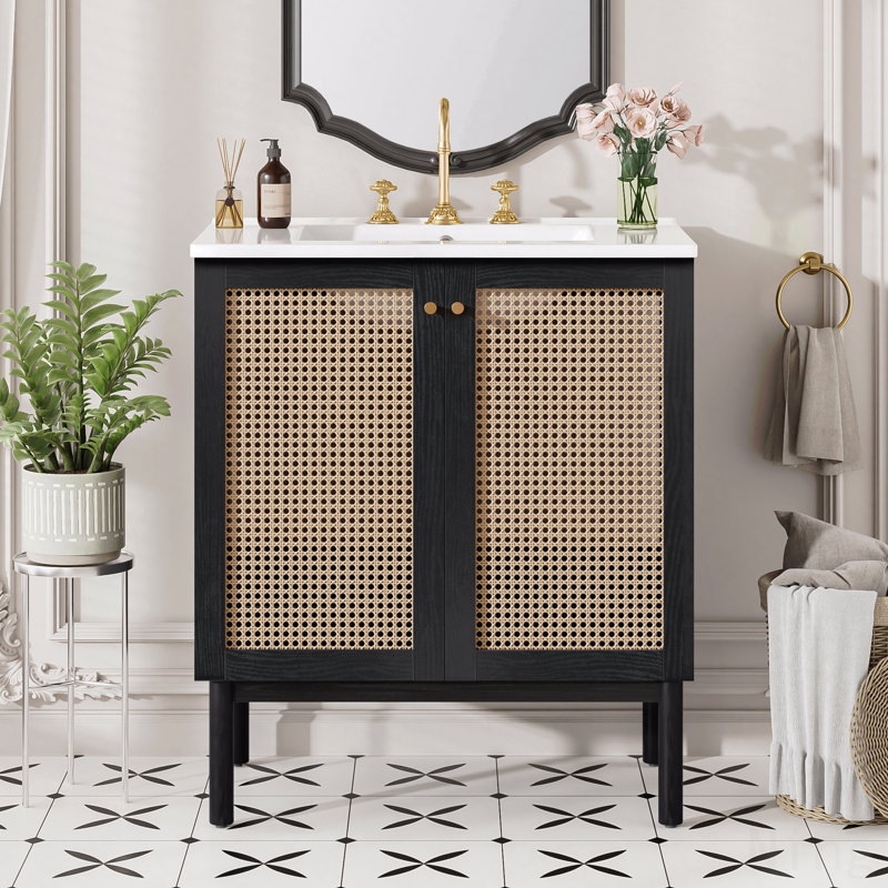 Meuble-lavabo 30 po, matériaux naturels, portes en rotin faites à la main, mécanismes de fermeture en douceur