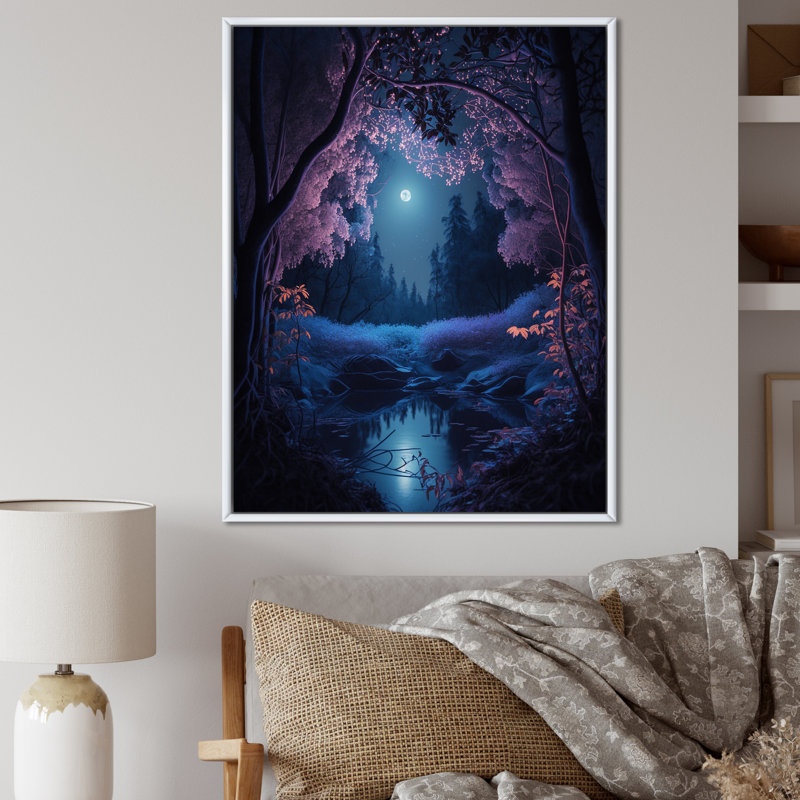 Pleine lune grâce à la forêt magique de minuit sur toile, Cadre flottant blanc, H 44 po x l 34 po x P 1,5 po