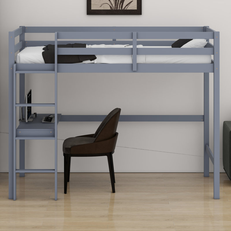High Wood Loft Bed, With Safety Guardrail, Built-In Desk, Ladder, Gray