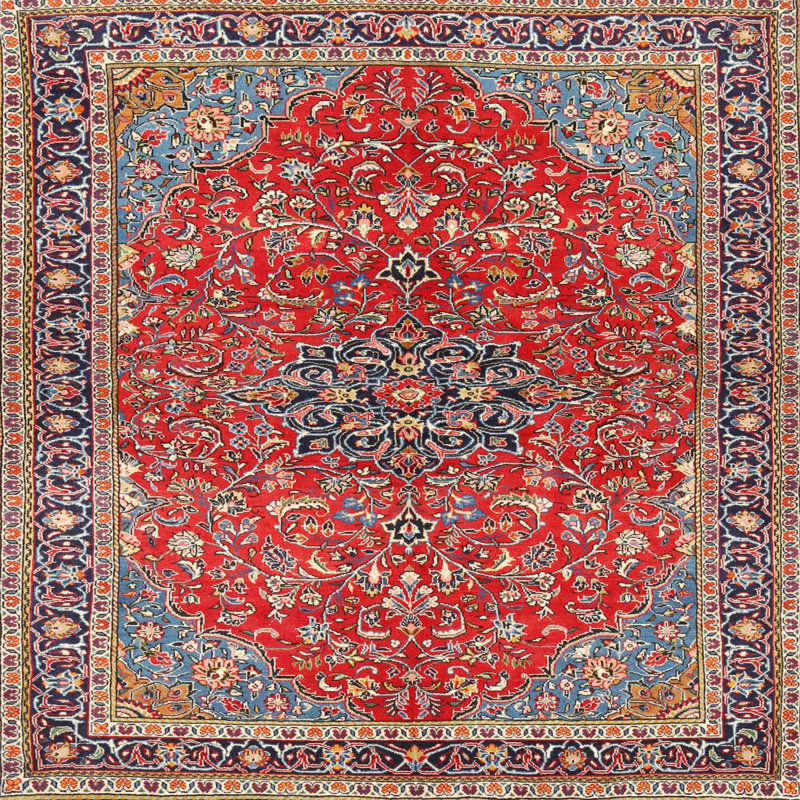 Tapis rouge/beige/noir traditionnel, Carré 3 pi