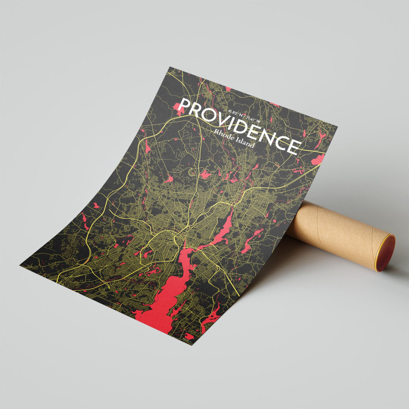 Providence, carte de la ville, impression, H 17 po x l 11 po, Noir / rouge / jaune