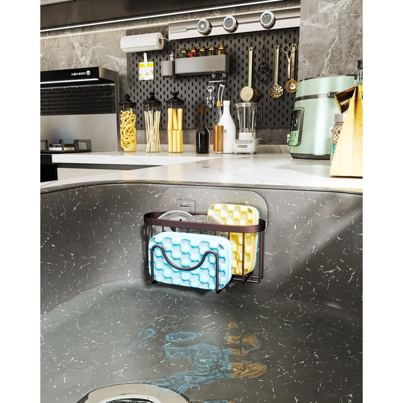 Support multifonctionnel pour évier de cuisine en forme de M, 2 méthodes d'installation, organisateur en acier inoxydable pour éponge, brosse, bouchon et grattoir