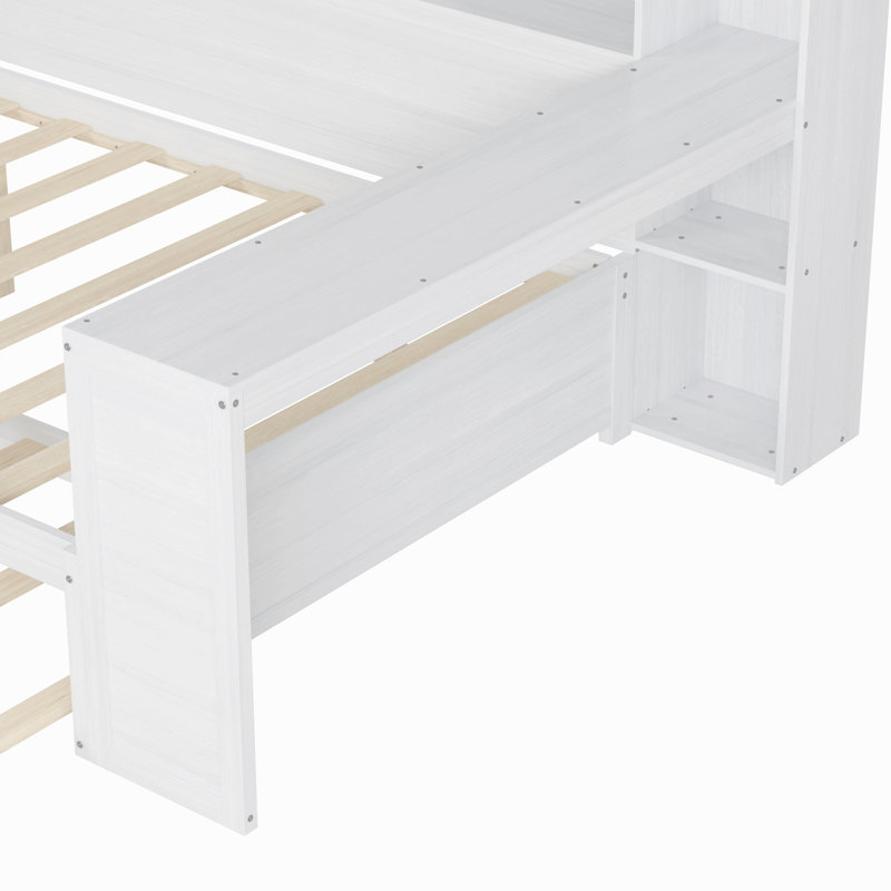 Lit de jour en bois avec tablettes de rangement, lit multifonctionnel avec lit gigogne et bureau d'étude, Blanc antique