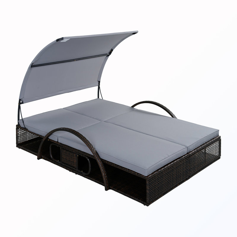 Double chaise longue d'extérieur avec dossier réglable et table d'appoint cachée avec auvent incurvé pour parasol, Gris
