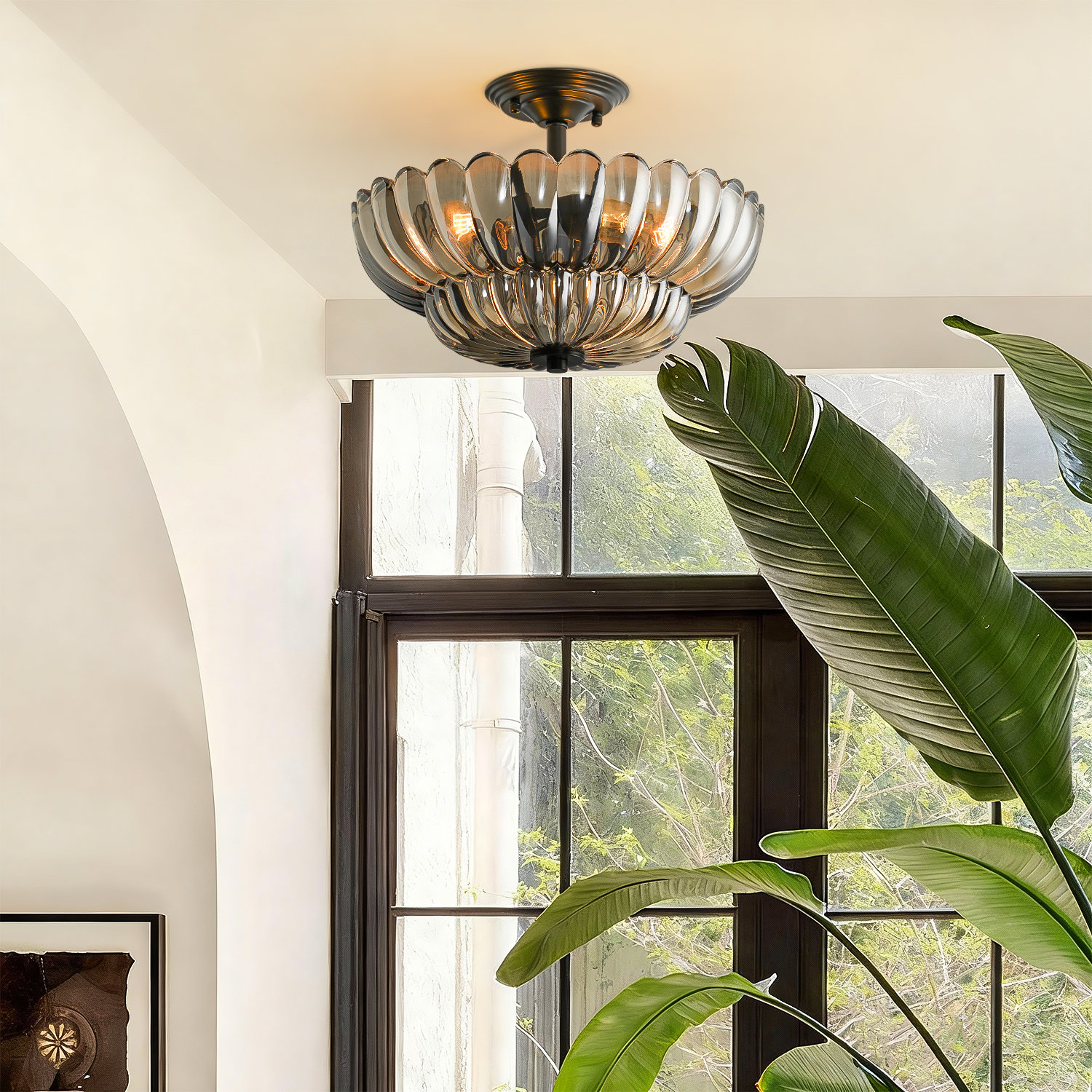 Mercer41 3-Light Smokey Grey Fluted Glass Semi-Flush Mount - Matte Black | Wayfair