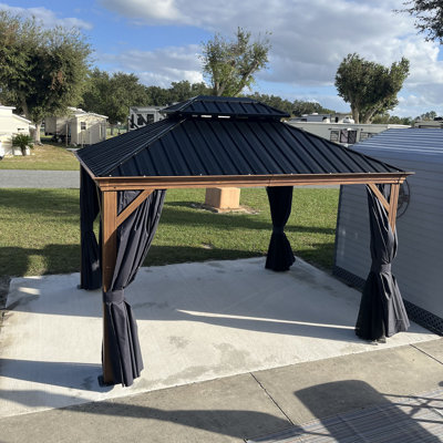 PURPLE LEAF Hardtop Gazebo for Patio Wood Grain Galvanized Steel with Netting