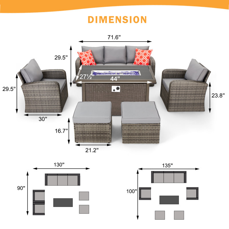 Wicker/Rattan 7 - Person Seating Group with Fire Pit Table, Gray
