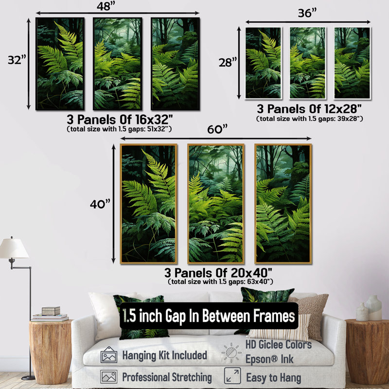 Ensemble de salon Emerald Green Ferns Forest V - Plants, Cadre flottant blanc, H 32 po x l 48 po x P 1 po