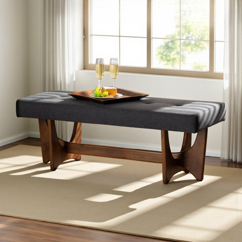 Parkchester Bench in Dark Grey Upholstery and Walnut Finished Wood, 17.5'' H X 48.4'' W X 17.9'' D, Dark Gray