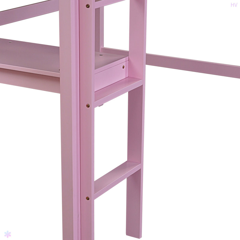 Lit mezzanine simple haut, lit mezzanine en bois d'hévéa avec garde-corps de sécurité, bureau intégré, échelle, Rose
