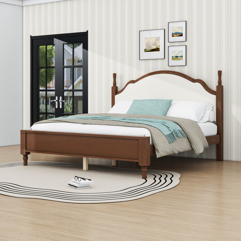Base de lit plateforme en bois avec tête de lit, Très grand lit, Brown/Beige