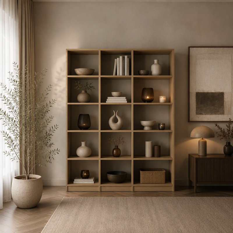 Ensemble de bibliothèque 3 pièces H 71,1 "avec tablettes ouvertes - Rangement modulaire - Chêne naturel