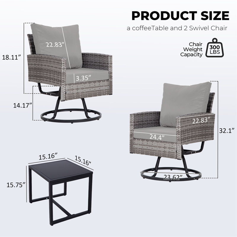 Ensemble de meubles de patio 3 pièces en rotin avec table basse, sièges d'extérieur pour porche, balcon et jardin, Gris