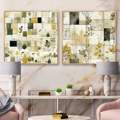 Green Cubic Botanical Dreams - Ensemble de 2 collages carrés botaniques abstraits