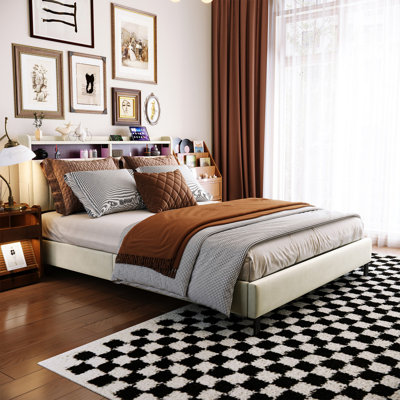 Upholstered Bed Frame with Charging Station & Headboard Storage, Hydraulic Lift-Up Base