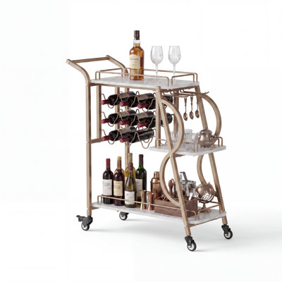 Chariot-bar à 3 niveaux avec support à vin et porte-verres, chariot de service à roulettes en acier doré et bois pour bar et cuisine, capacité de 290 lb, or