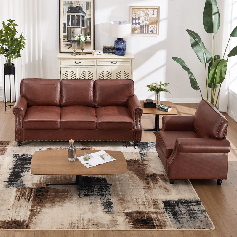 Ensemble de salon 2 pièces avec canapé en similicuir et fauteuil, 2 pièces: chaise, canapé, Café noir