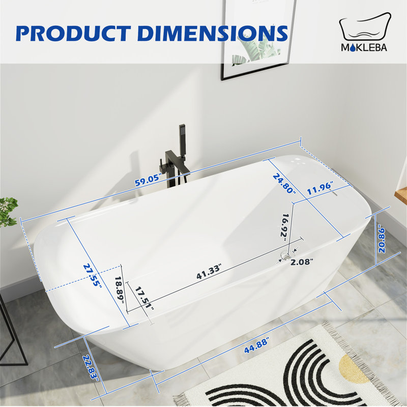 59"L x 28"W Freestanding Acrylic Slipper Bathtub, Chrome Drain & Overflow, Non-Slip Rectangular Design for Modern Luxury Bathrooms