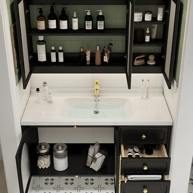 Meuble-lavabo mural moderne et minimaliste avec armoire en bois d'hévéa massif, lavabo en céramique intégré et armoire à miroir intelligent