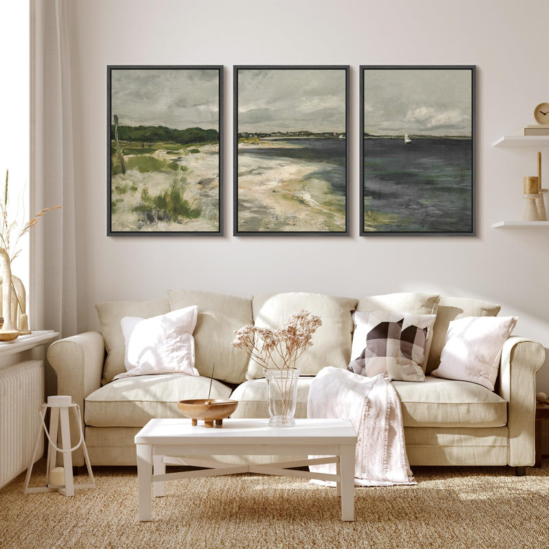 «Harbor Calm Peaceful Seaside Village And Sail bateau Nature Landscape Illustration Artwork Decor», 3 pièces sur toile