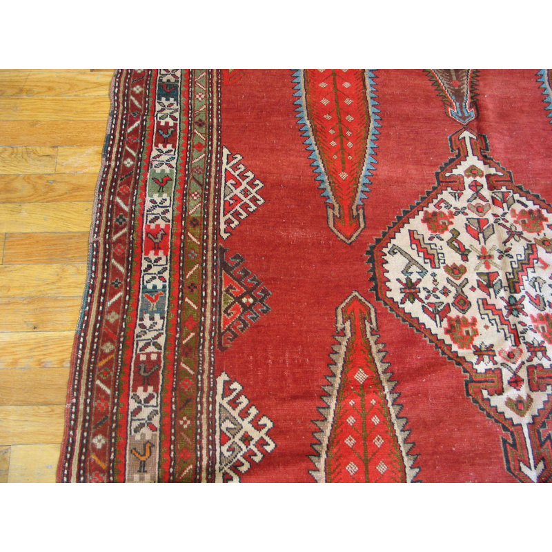 Antique Caucasian Geometric Medallion Wool Hand Knotted Pile Coral / Salmon Pink 1900s Rug